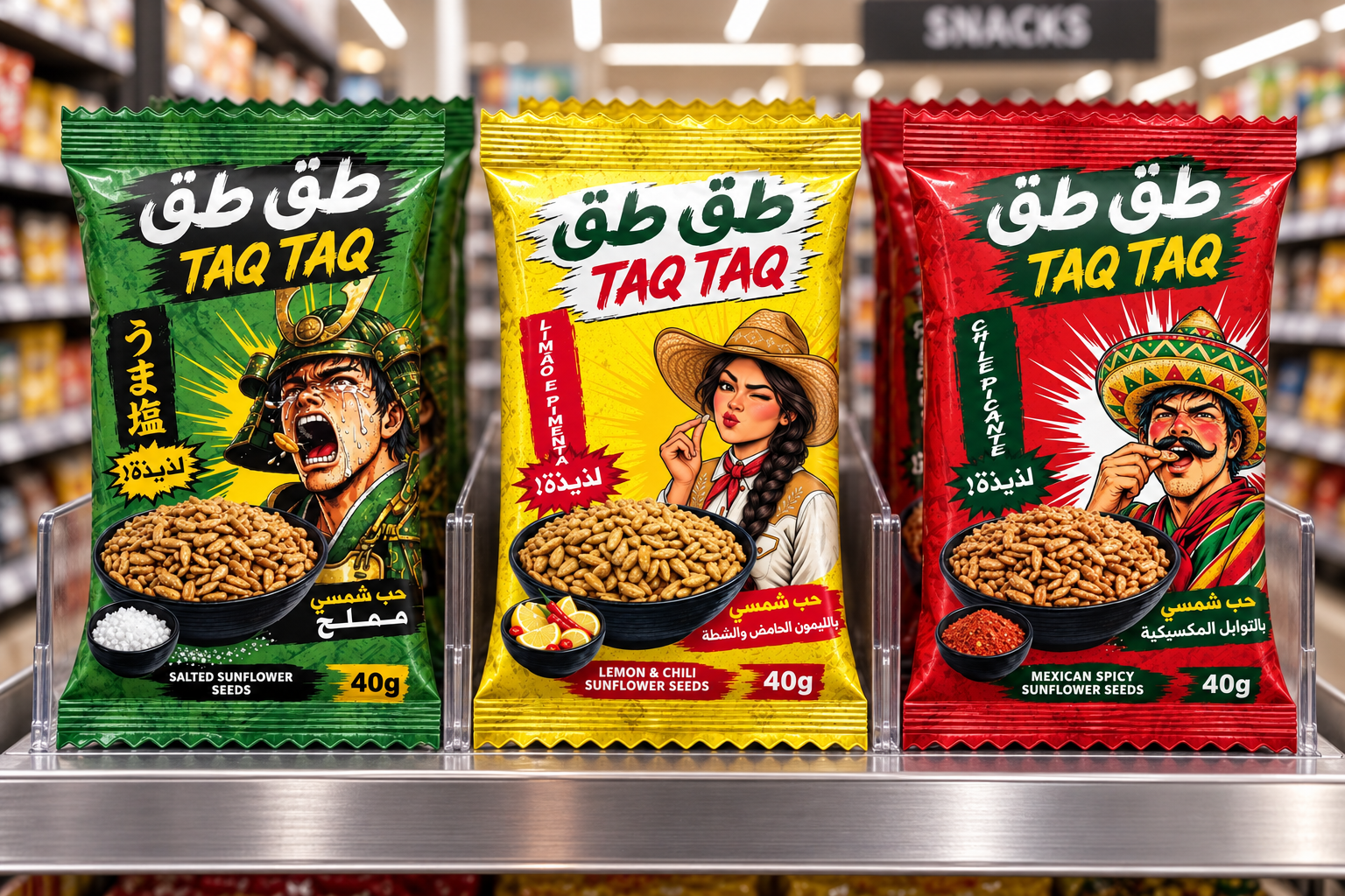 Taq Taq sunflower seeds — salted, lemon and chili, and Mexican spicy